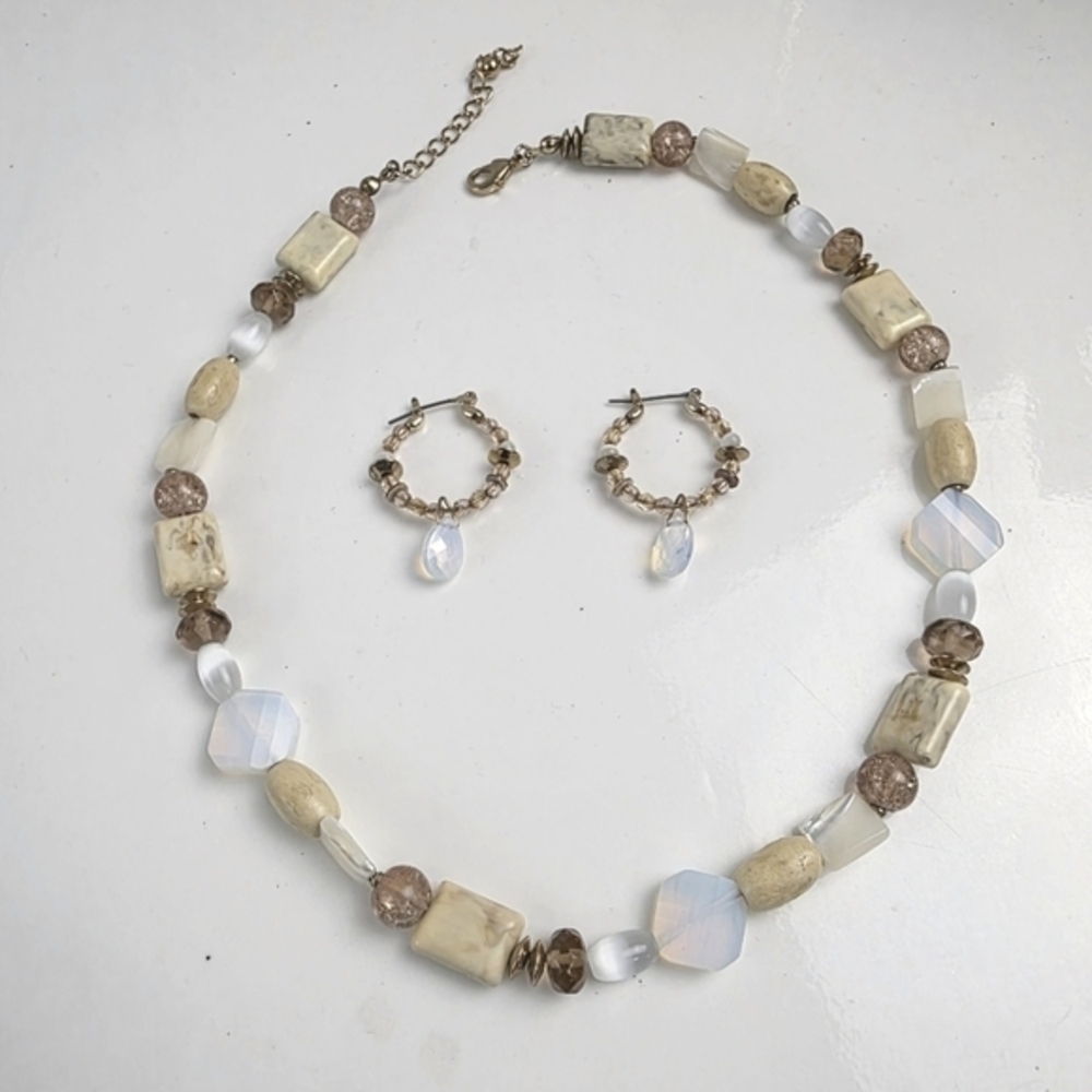 Elegant Glass Beaded Necklace Pierced Earring Set Multicolor Stone Colorful‎